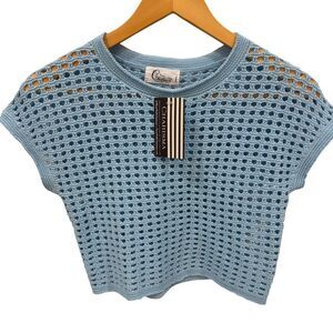 Charisma Blue Crochet Open Knit Crop Top NWT Coastal Boho Seaside Small